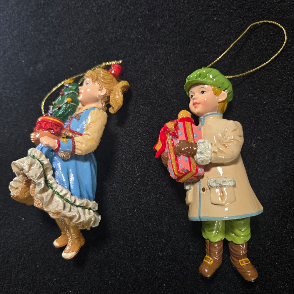 Vintage Victorian Boy and Girl Christmas Ornaments Resin Figurine Set of 2 Decor - Picture 2 of 6